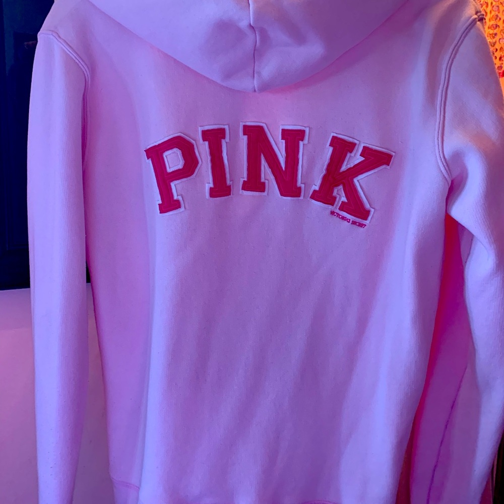 Pale Pink hoodie (Pink brand) with dark pink logo. Size is Small